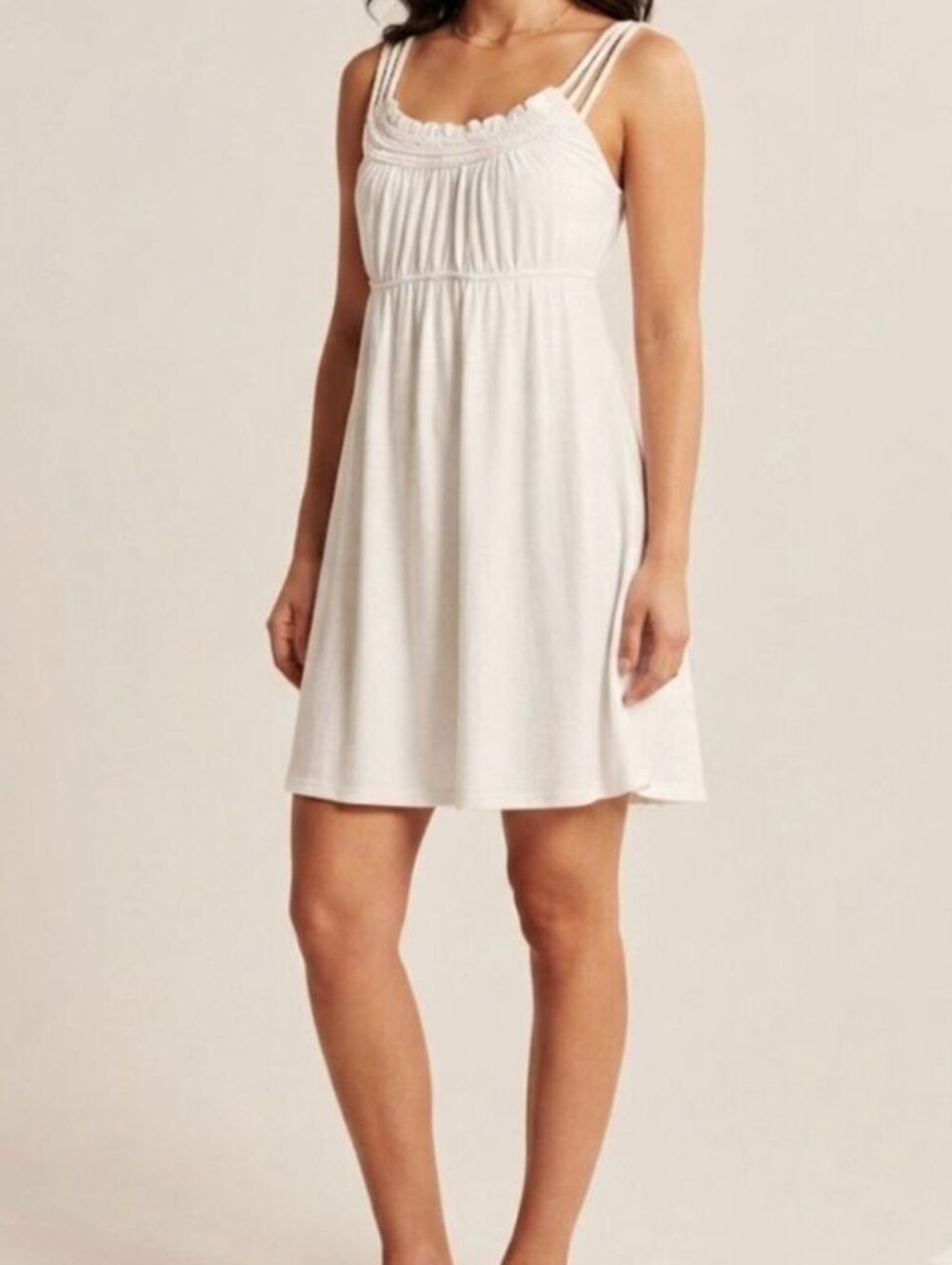 White Cotton Sleeveless Summer Dress with Triple Straps and Ruffled Neckline,